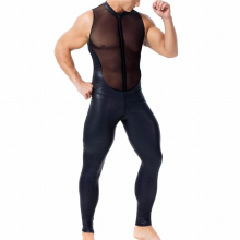 Men Jumpsuits PU Leather Mesh Patchwork Trousers One-piece Sleeveless Bodysuits Sexy Zipper Fitness Gay Undershirts Clubwear 2XL