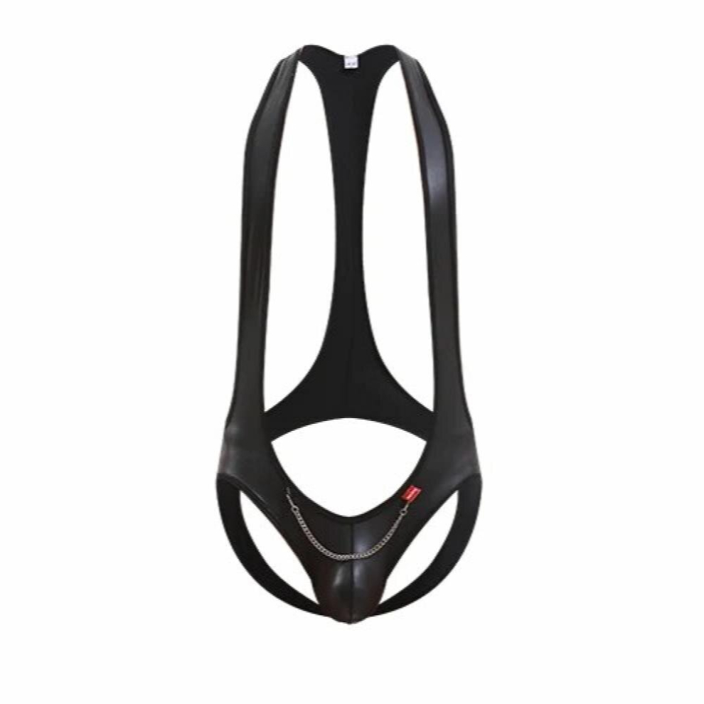 Black Sexy Leather Jumpsuits Teddies Lingerie Erotic Gay Mens Bodysuit Jockstrap Bodywear Male Underwear Wrestling Singlet Leotard