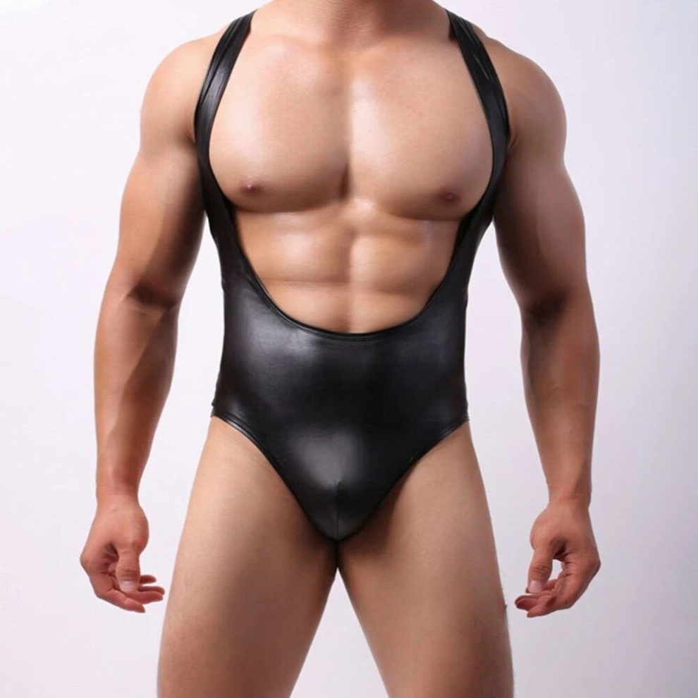 Mens Faux-Leather Fun Open-Chested Bodysuit Underwear Patent Leather Vest Nightclub Outfit Male Sexy Erotic Bodysuits