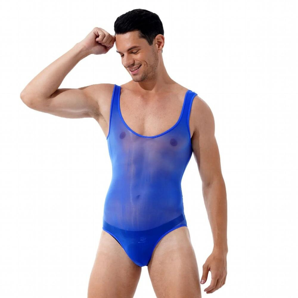 Mens Lingerie Sexy See-through Leotard Bodysuit Underwear Erotic Sexy Teddies Costume Glossy Scoop Neck Sleeveless Bodysuit
