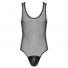 Men See-through Mesh Bodysuit Underwear Faux Leather Sexy Bulge Pouch Hollow Out Leotard Sleeveless Wrestling Singlet Playsuit