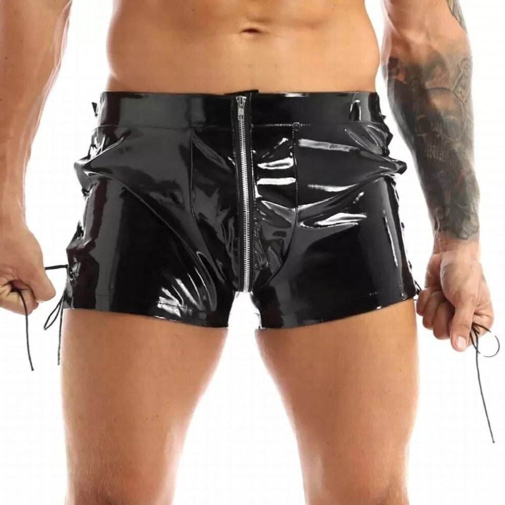 Multicoloured Sexy Open Crotch Pvc Leather Short Pants For Sex Mens Latex Bodycon Zipper Crotchless Patent Leather Fetish Boxer Adjustable