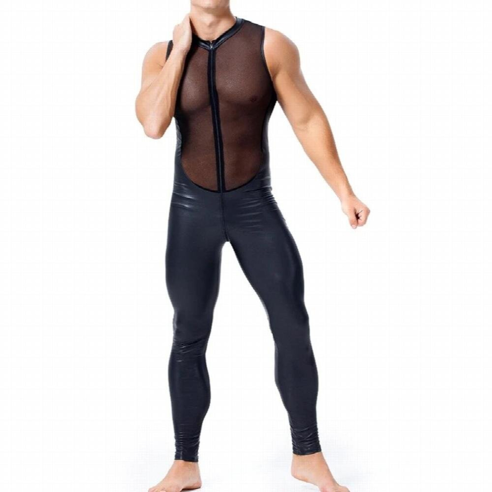 Black Men Wetlook Faux Leather Mesh Lingerie Bodysuit Erotic Open Crotch Pvc Catsuit Zipper Latex Catsuit Fetish Wear Sexy Costume