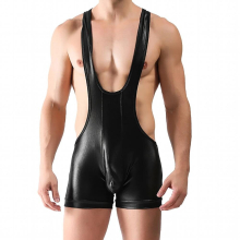 Mens Faux Leather Clubwear Wrestling Fitness Running Workout Costume Deep U Neck Sleeveless Racer Back Short Sport Bodysuit