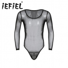Mens Crossdress Lingerie Sissy See Through Mesh Long Sleeve Scoop Neck High Cut Jumpsuit Bodysuit Underwear Nightwear