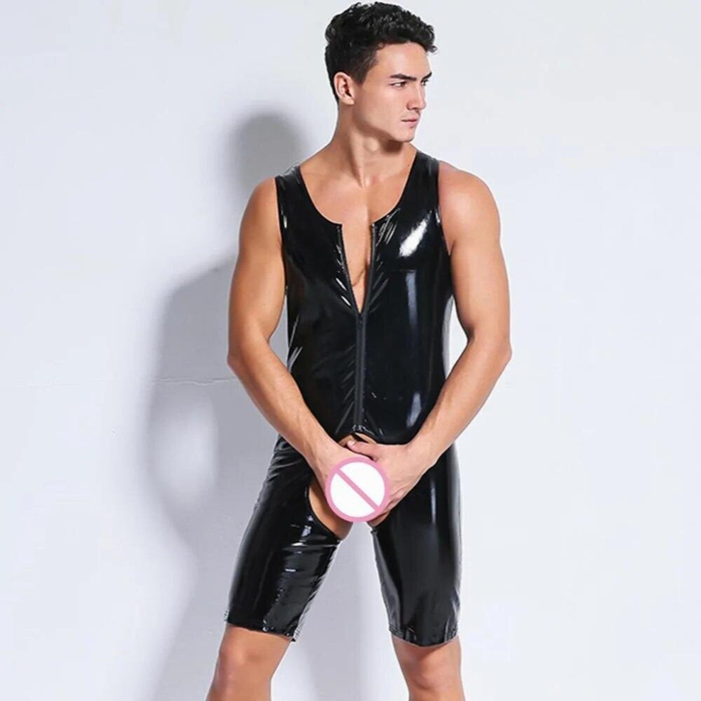 Sexy Faux Leather Wet Look Jumpsuit Stretch Zipper Front Latex Catsuit Open Crotch Fetish Bodysuit Men Lingerie Clubwear