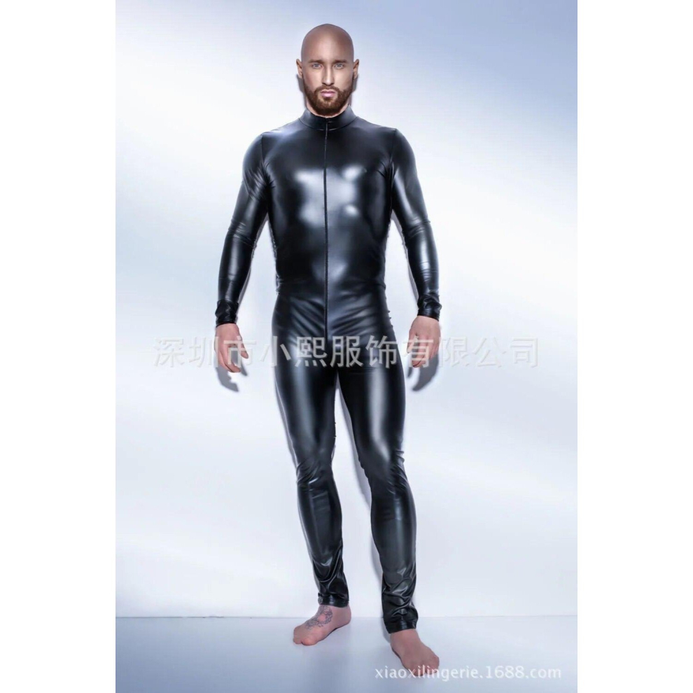 Mens Sexy Underwear Patent Leather Bodysuit Tight Skin Faux Bar Stage Performance Erotic Underwear Lingerie Bodysuit
