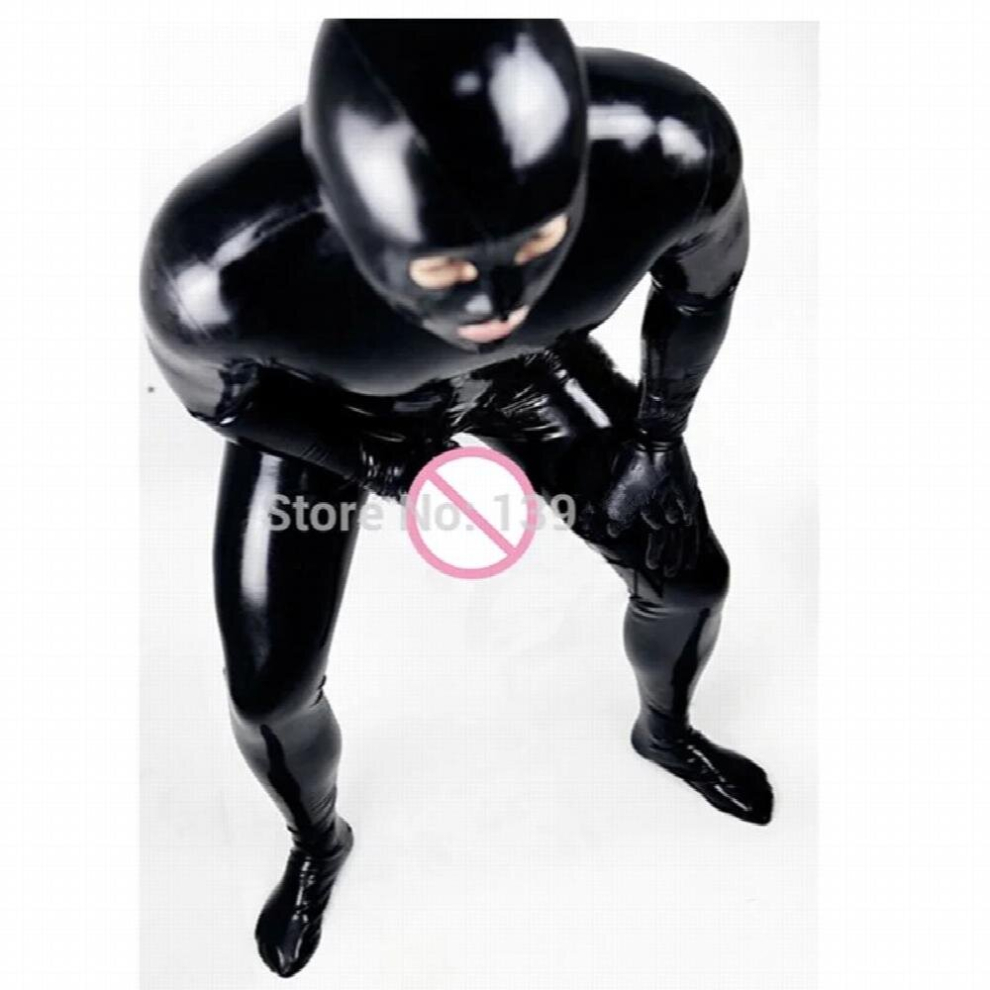 Black Mens Stretch Pvc Bodysuit With Penis Sleeves Sexy Open Eye Pvc Wetlook Leather Latex Catsuit Erotic Gay Fetish Wear Costume