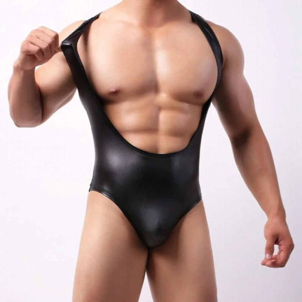 Men Sexy Open Chest One-Piece Underwear Vest Leather Patent See Through Erotic Bodysuits Male