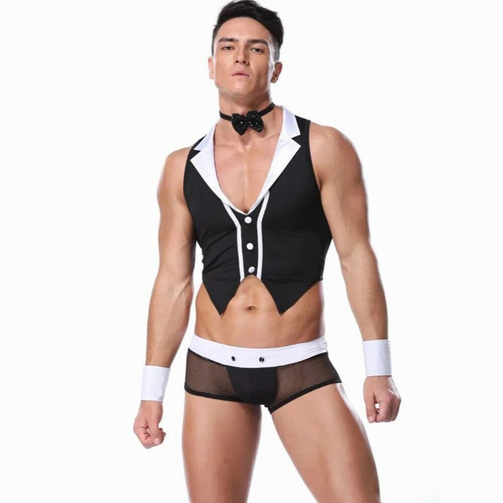 Multicoloured 4Pcs Man Erotic Lingerie Suits Sexy Waiter Role Play Outfits Mens Brief Underwear Sex Porno Cosplay Bartender Costume Culbwear
