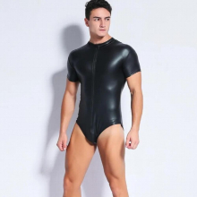 S-4XL Mens Sexy Bodysuit Lingerie Zipper Stretch PU Leather Bodycon Shorts Leotard Jumpsuit Wet Sexy Clubwear