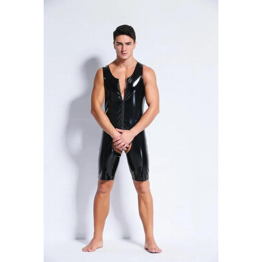 Black M-Xxl Men Sexy Pu Leather Bodysuit Open Crotch Erotic Latex Catsuit Bodycon Fetish Pvc Jumpsuit Game Uniforms