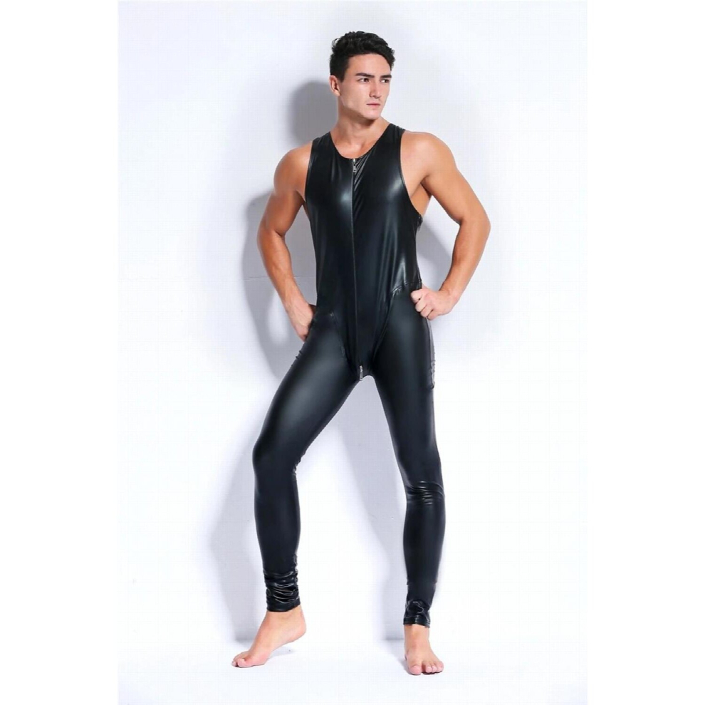 Black Sexy Men Leather Bodysuit Catsuit Front Zipper Open Crotch Bodysuit Open Crotch Jumpsuit Stretch Bodystocking Tight Lingerie