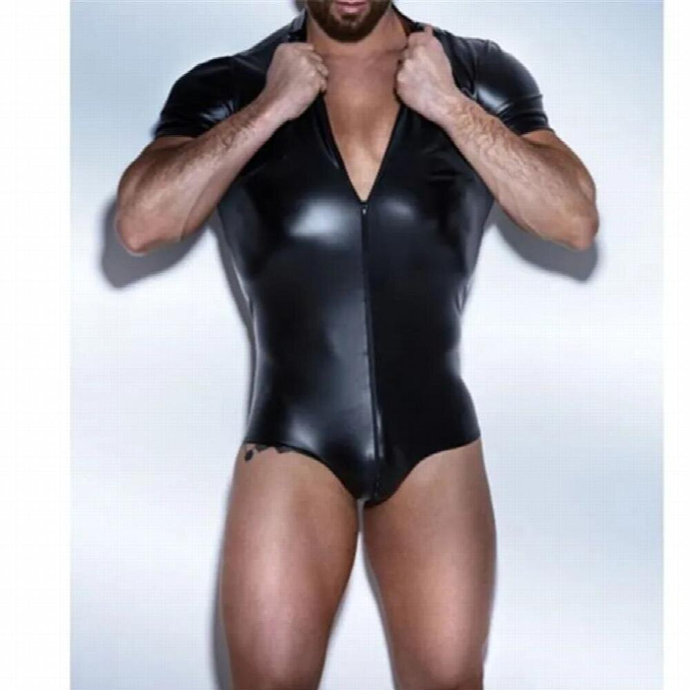 Multicoloured Sexy Men Leather Bodysuit Catsuit Gay Male Front Zipper Stretchy Jumpsuit Sexy Lingerie Underwear Night Erotic Costume
