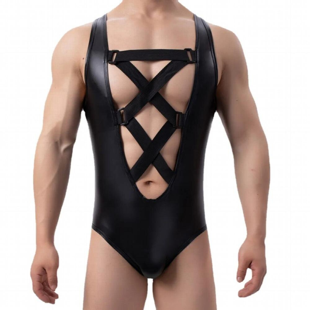 Faux Leather Tank Tops Mens Bodysuits Shapewear Gay Fetish Sexy Lingerie Underwear Sissy See Through