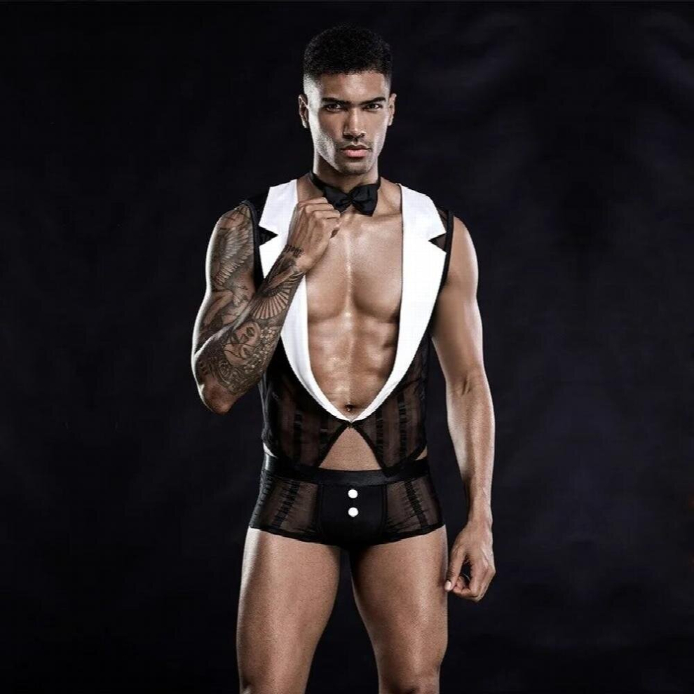 Mens Role Play Sexy Gay Waiter Cosplay Gay Bar Pole Dance Costume Outfit