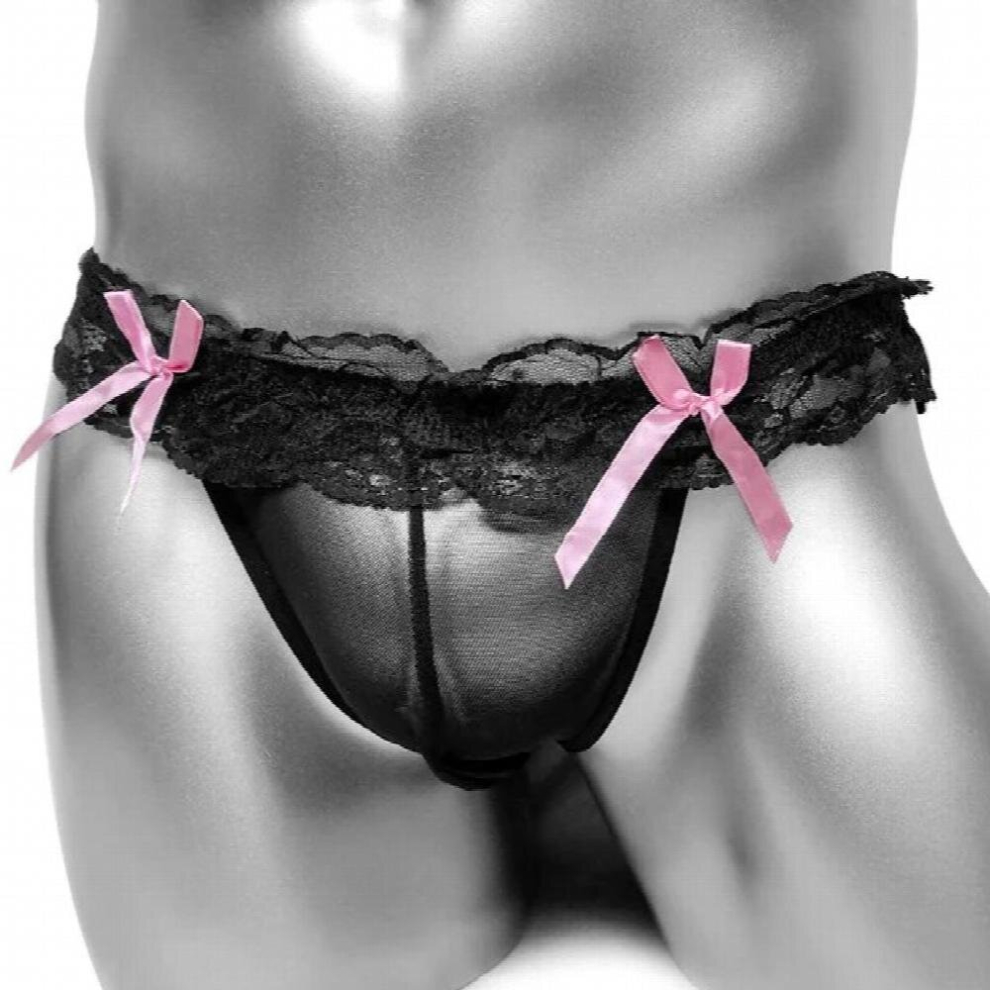 Black See Through Mens Lingerie Jockstraps Gay Panties Mesh Lace Sissy Thongs Bow Knot Open Butt Bikini Underwear Underpants