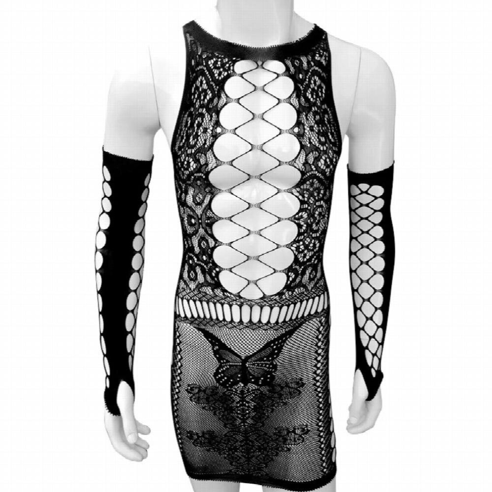 Black Erotic Sheer Sissy Dress Lingerie Hollow Out Vestido See Through Dress Sexy Clubwear Babydoll Set With Sleeve-Coverings