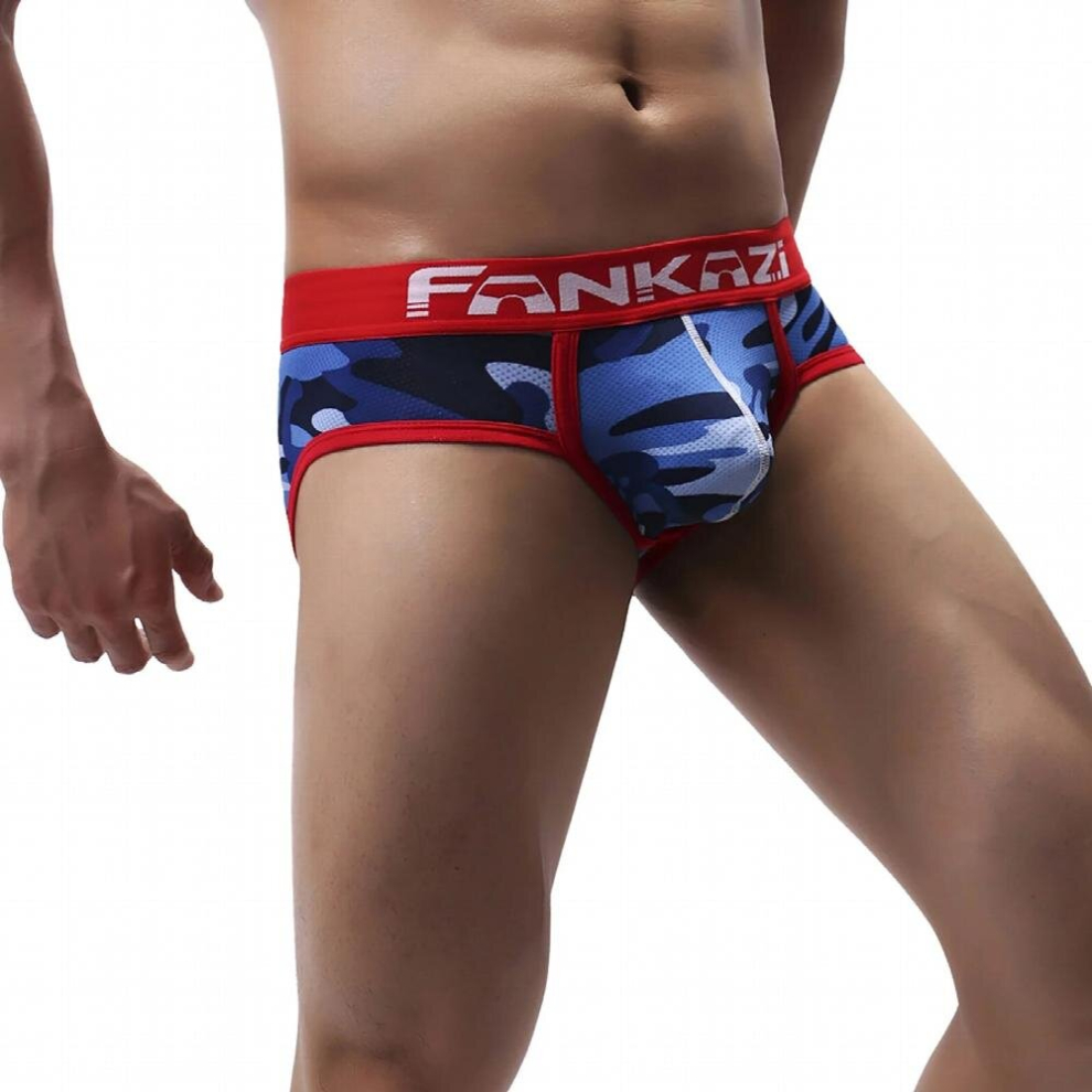 Blue Mens Sexy Jockstrap Briefs Panties Camouflage Print Low Waist Wide U Bulge Pouch Briefs Male Exotic Underwear Underpants