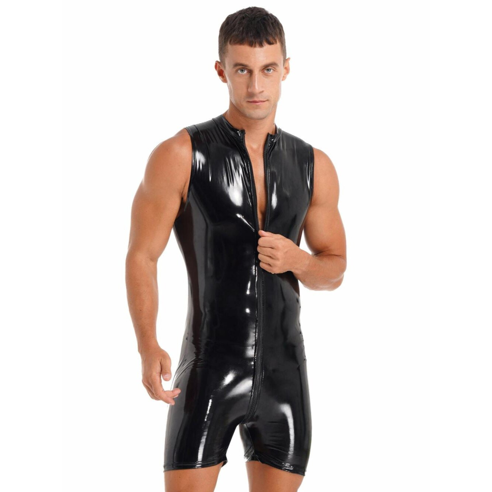 Black Mens Glossy Patent Leather Jumpsuits Stand Collar Zipper Sleeveless Bodysuit Stage Performance Nightclub Pole Dancing Costume