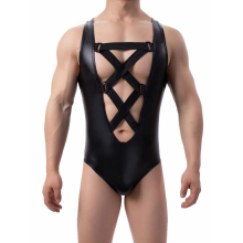 Mens Deep U Neckline Crisscross Strappy Bodysuit Back Breathable Patchwork Sleeveless Sports Leotard Wrestling Singlet Jumpsuit