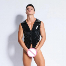 Plus Size Sexy Men Hollow Out Open Crotch Bodysuit Vest PU Faux Leather Body Stockings Club Wear Sexy Lingerie Gay Wear F4