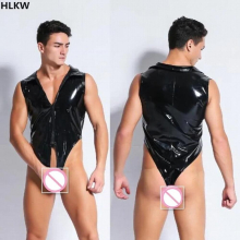 Patent Leather Mens Sexy Long Sleeves Zipper Open Crotch Catsuit Boxer Shorts Leotard Jumpsuit Gay Male Mesh Splice Bodysuit