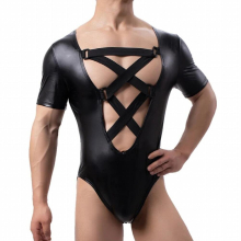 Men Faux Leather Bodysuits Undershirts Leotard Sexy Mesh Latex Patchwork Cross Bandage Catsuits Wrestling Singlet Jumpsuits 2XL
