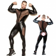 Sexy Men Mesh Patchwork See Through Bodysuit PU Jumpsuit Erotic Costumes Stage Wear Punk Playsuit Gay Wear Plus Size F52