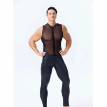 Sexy Men Mesh Patchwork Bodysuit PU Faux Leather Bodysuit Sheer See Through Bandage Leotard Gay Wear Sexy Tight Jumpsuit F41