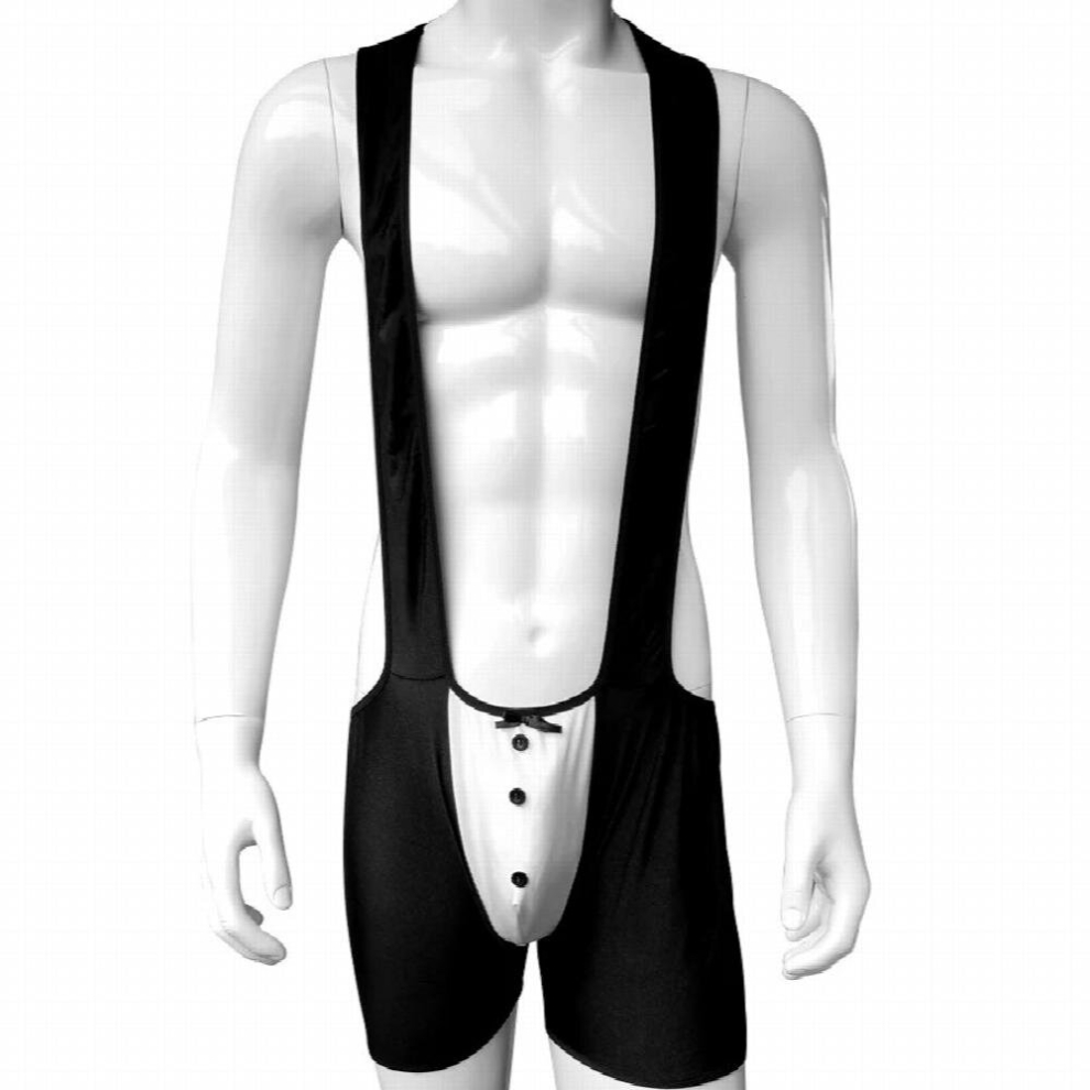 Black Novelty Sexy Men Mankini Boxer Underwear Waiter Costume Bodysuit Lingerie Bow Sexy Panties For Club Stage Wear Size