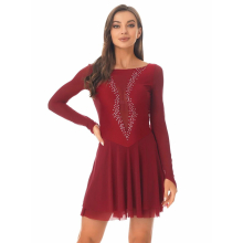 Womens Figure Ice Skating Costume Rhinestone Long Sleeve Crisscross Back Dress Woman Roller Skating Leotard Ballet Dance Dress