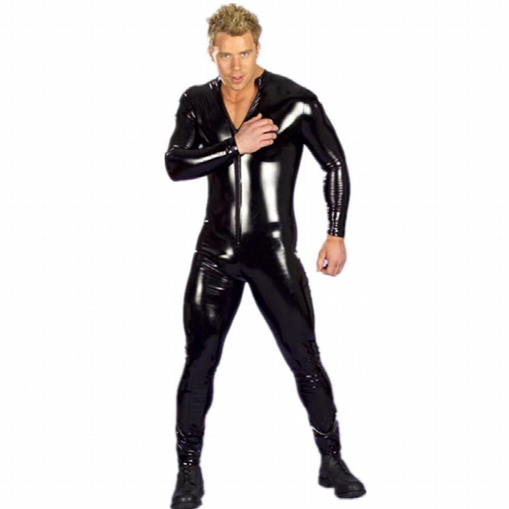 Black Plus Size Men Sexy Faux Leather Bodysuit Wetlook Latex Front Zipper Crotch Bondage Erotic Lingerie Jumpsuit Clubwear S-4Xl