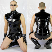 Sexy Men Wetlook Faux Leather Short Jumpsuit Front Zipper Open Crotch Bodysuit Punk PVC Catsuit Erotic Sexy Gay Club Costumes