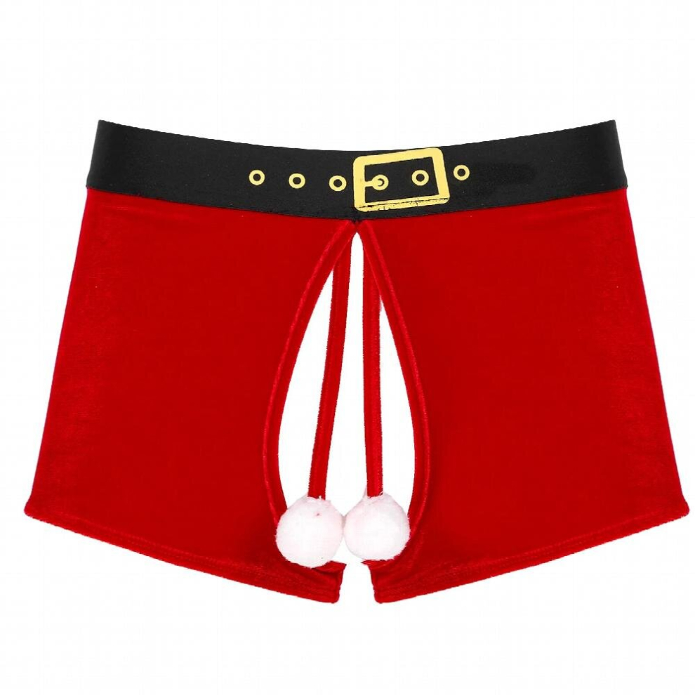 Mens Sexy Lingerie Christmas Thongs Crotchless Boxer Shorts Panties Cosplay Costume Santa Claus Erotic Underwear Velvet Briefs