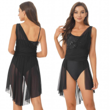 Women Sequin Ballet Dress Lyrical Dance Costume Sleeveless Gymnastics Leotard Mesh Skirted Bodysuit Performance Dancewear