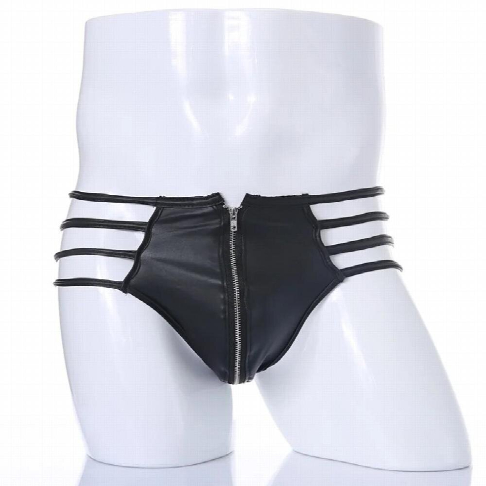 Black Mens Sexy Underwear Exotic Pu Faux Leather Lingerie With Zipper Hollow Fetish Costumes Bondage Jockstrap Thong