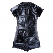 Mens Wetlook Patent Leather Bodysuit Sexy Side Sheer Mesh Front Zipper Jumpsuit Male Gay Latex Catsuit Homme Leotard Lingerie