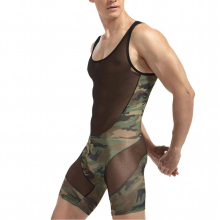 Mens Leotard Wrestling Singlet Bodysuit See-through Sheer Mesh Patchwork Printed Jumpsuits Vest Neck Bulge Pouch Bodysuit