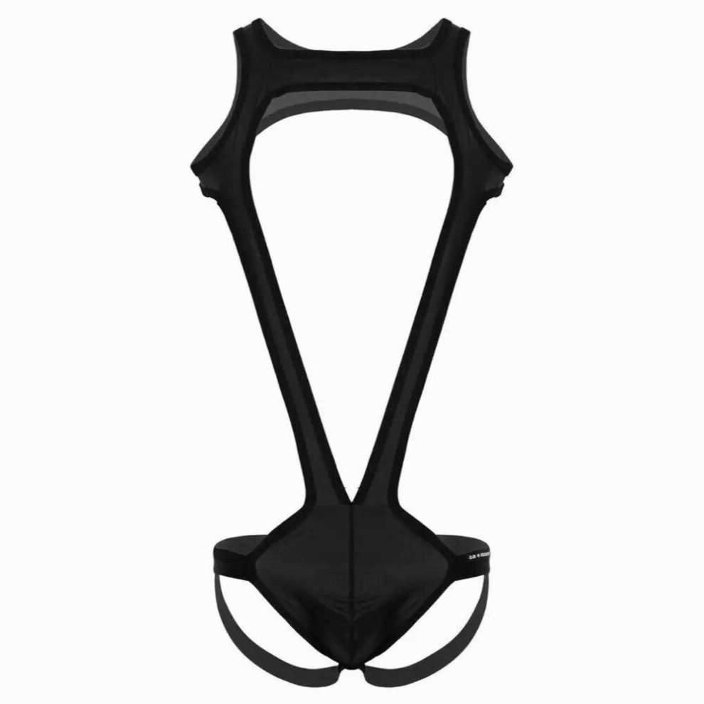 Black Mens One-Piece Mankini Bodysuit Catsuit Metallic Shoulder Straps Bulge Pouch Jockstrap Wrestling Singlet Leotard Underwear