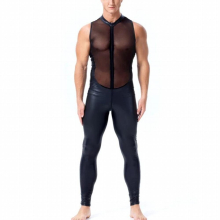 Sexy Mens Wetlook Elastic Bodysuits Zip Open Crotch Mesh PU Leather Patchwork Bodystocking Latex Jumpsuits Trousers Gay Catsuit