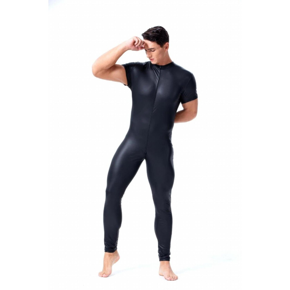Men wetlook Faux Leather Double zipper Open Crotch pvc lingerie bodysuit gay Lingerie Latex Catsuit Fetish Wear Sexy Costume