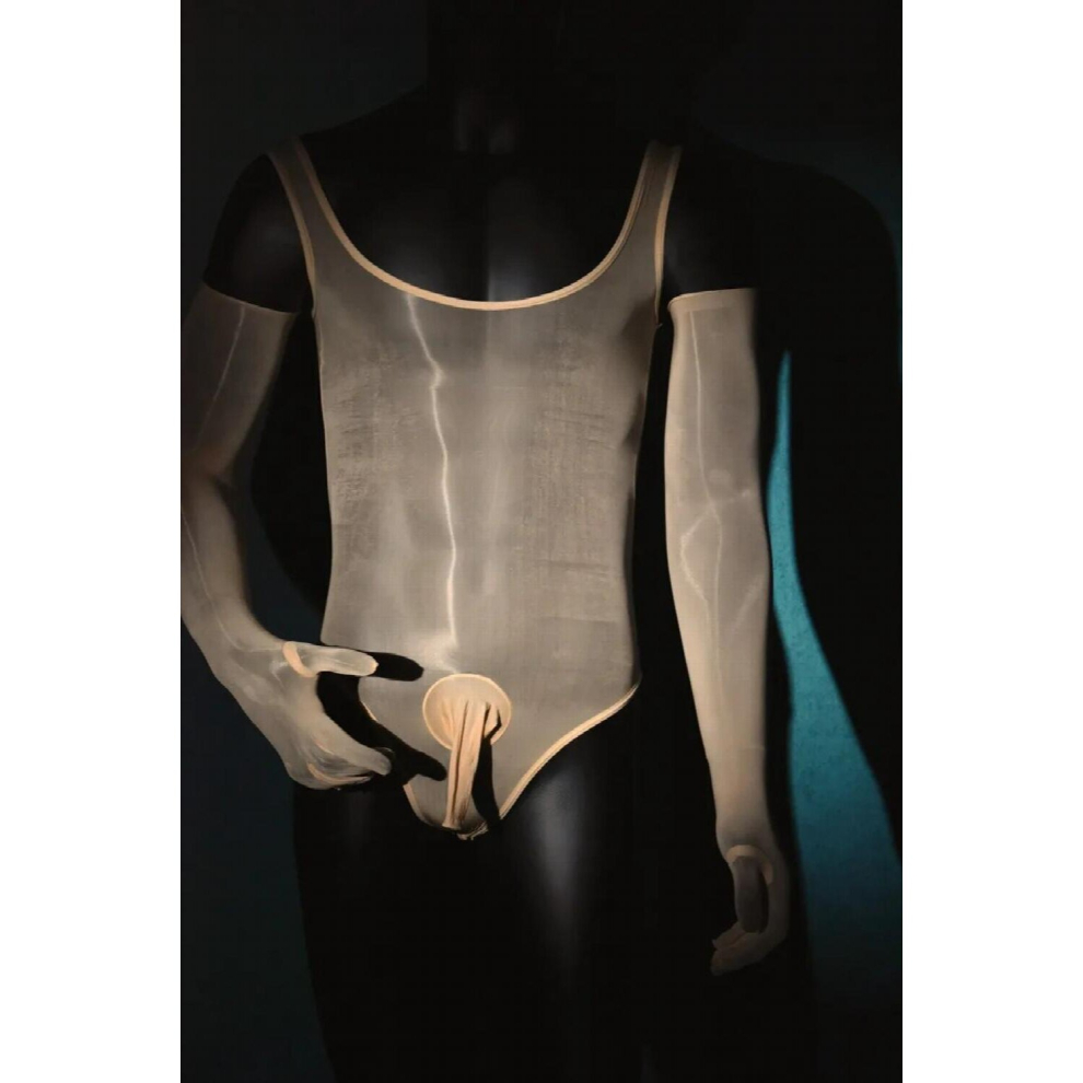Brown Sexy Men Clubwear Glossy Silky Teddy Cock Sheath Fetish Lingerie Gay Sissy Erotic Bodystocking Teddies Bodysuit