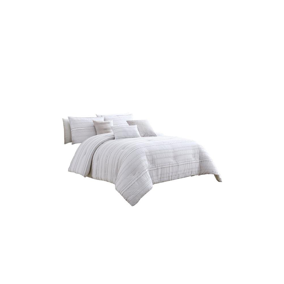 Cotton Comforter Set with Frayed Edges, White & Gray - Queen Size - 6 Piece