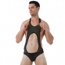 Mens Lingerie See-through Mesh Bodysuit Fitness Hollow Out Sleeveless Wrestling Singlet Sexy Costume Bulge Pouch Skinny Jumpsuit