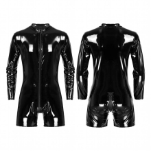 Male Latex Catsuit Wet Look Patent Leather Romper Zipper Jumpsuit Long Sleeve Bodysuit Underwear Club Stage Costume