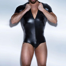 Men Erotic Zipper Bodysuit Faux Leather Lingerie Wet Look Leotard Jumpsuit Gay Underwear Body Shapers Nightclub Playsuit