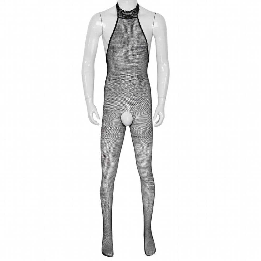 Men Sissy Crossdressing Lingerie See Through Gay Bodystocking Hollow Out/Crotchless Sheer Mesh Bodysuit Sexy Pantyhose Stockings