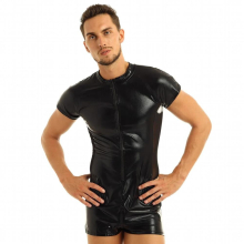 Male Mens Patent Leather Short Sleeves Front Zipper One-piece Leotard Bodysuit Jumpsuit with Mesh Side