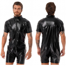 Erotic Lingerie Man Sexy Bodysuit Wetlook Patent Leather Leotard Latex Short Sleeve Zipper Jumpsuits for Nightclub Dance Party